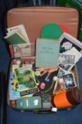 Vintage Case Containing Collectibles, Ephemera, and Sewing Items
