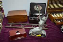 Art Deco Cigarette Box, Marble Based Figure, Bakelite Hair Dryer, Coat Rack