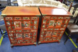 Pair of Modern Reproduction Red Lacquered Chinese Cabinets