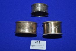 Three Hallmarked Silver Napkin Rings in Hull Carmichael Box