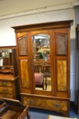 Edwardian Mahogany Wardrobe with Carved Panels, Walnut Panels and Beveled Edge Mirror
