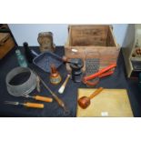 Wooden Crate and Kitchenalia Including Utensils, Biscuit Tins, etc.