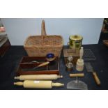 Vintage Kitchenalia Including Baskets, Herb Choppers, Rolling Pins, Biscuit Tin etc.