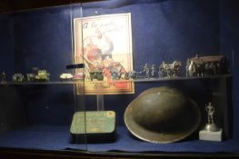 Contents of Cabinet to Include WWII Tommy Helmet, Diecast Models of Military Vehicles....