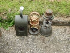 Hurricane Lamp and Two Railway Lamps