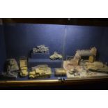 Seven WWII Scale Model Military Vehicles and a WWII Battle Scene