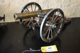 Large Wooden Framed Model Cannon with Brass Barrel and Metal Fittings 72cm long