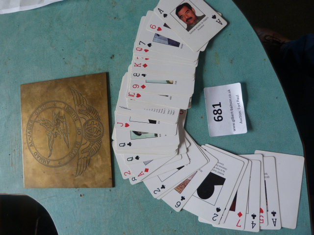 Set of Iraqi Most Wanted Playing Cards and a Brass Plaque from the State of Kuwait Ahmad-AlJaber Bas