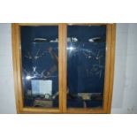 Oak Glazed Display Cabinet Containing Assorted Barbers Equipment