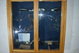 Oak Glazed Display Cabinet Containing Assorted Barbers Equipment