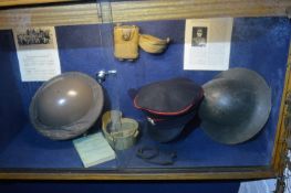 Contents of Showcase to Include Two WWII Helmets, No.2 Hats...