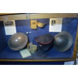 Contents of Showcase to Include Two WWII Helmets, No.2 Hats...