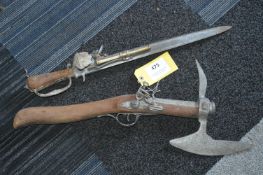 Reproduction Flintlock with Axe Attachment, and a Sword with Integrated Pistol