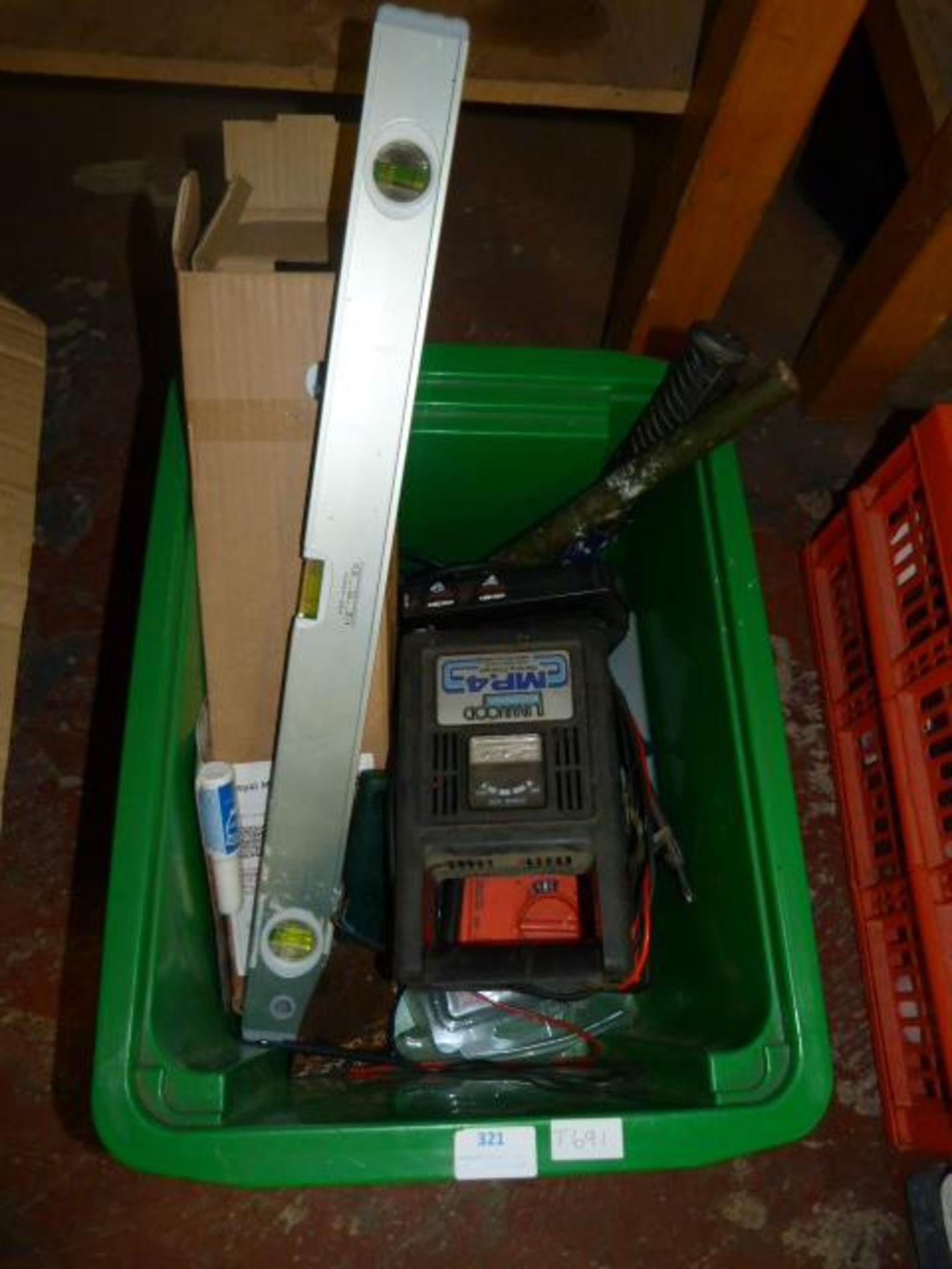 Box Including Battery Chargers, Spirit Level, Sold