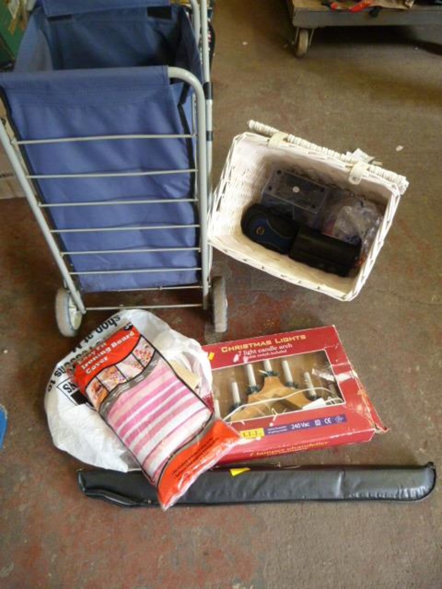 Shopping Trolley, Wicker Linen Basket and Sundries