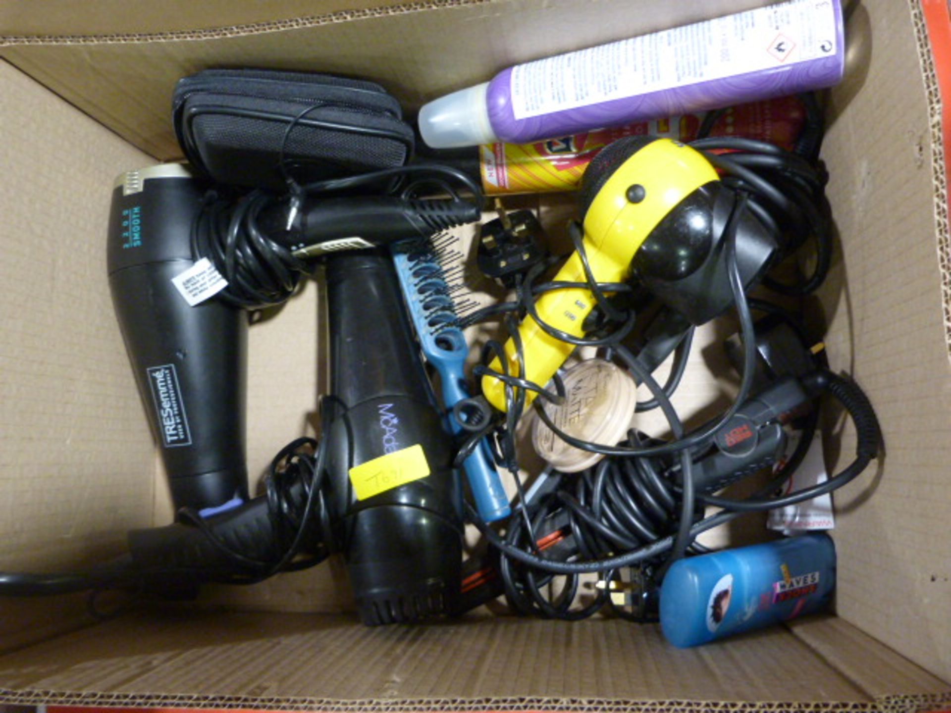 Box of Hair Dryers. Curling Tongs, etc.