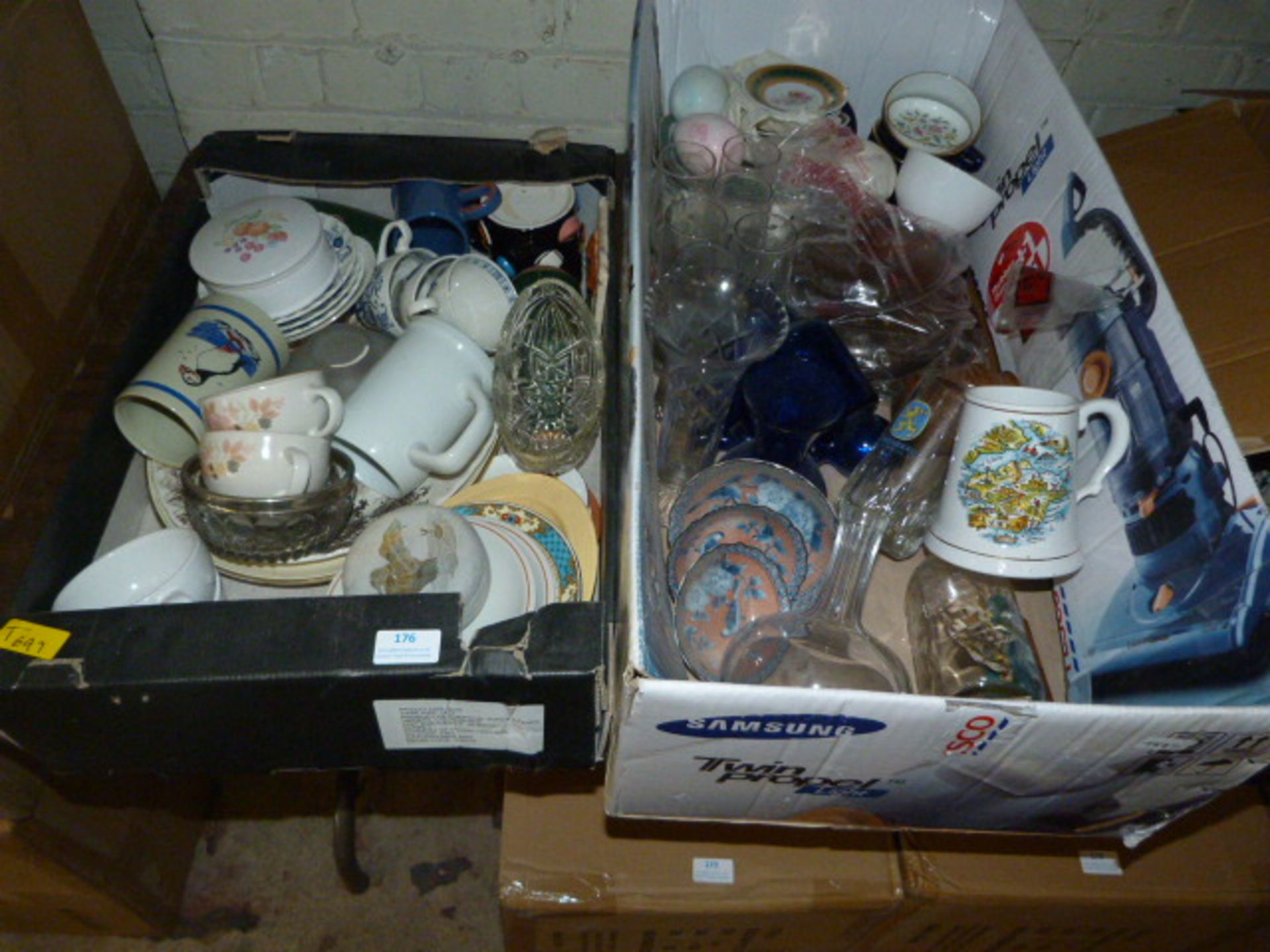 Two Boxes of Assorted China and Glassware