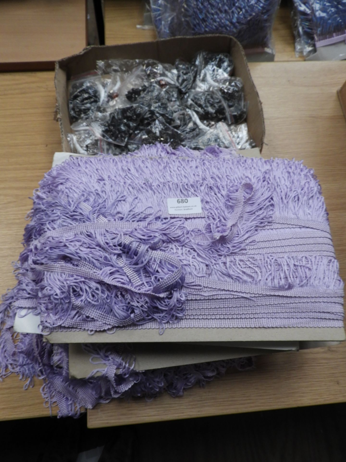 *Box Containing Assorted Beads and Six Cards of Lilac Fringing
