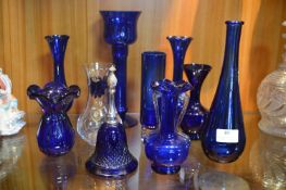 Ten Blue Glass Vases