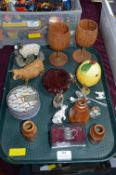 Tray Lot of Collectibles, Animal Ornaments, Goblet