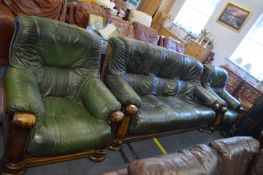 Green Leather Three Piece Chesterfield Suite; Thre