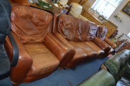 Tan Leather Three Piece Suite; Three Seat Sofa and