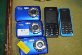 Three Vivitar Cameras and Two Nokia Mobile Phones
