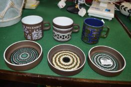 Three Hornsea Pottery Mugs and Three Dishes
