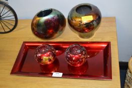 Two Lacquered Vases and a Tray with Tealight Holde