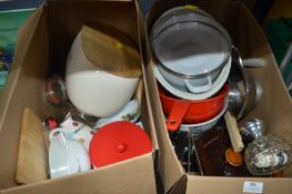 Two Boxes of Kitchenware; pans, Strainers, etc.