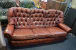 Distressed Red Leather Chesterfield Three Seat Sof