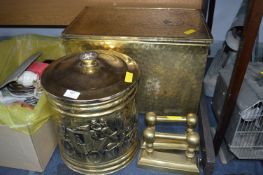 Brass Log Box, Coal Bin and Fire Dogs