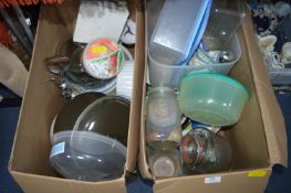 Two Boxes of Kitchenware, Storage Jars, Utensils,