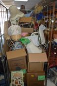 Cage Lot of Household Goods; Lamps, Baskets, Frame