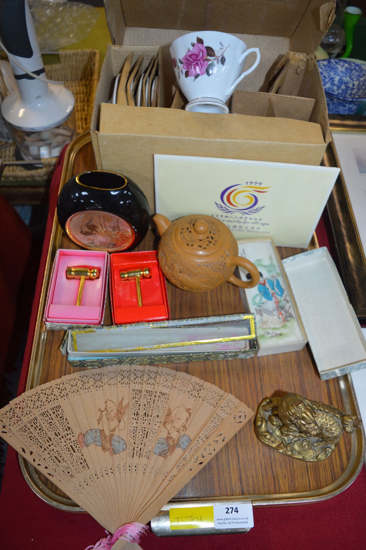 Tray Lot of Chinese Items Including Pot, Teapot, S