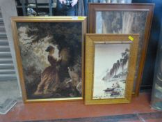 Framed Woolwork Picture of a Girl and Two Landscap