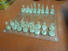 Glass Chessboard with Complete Set of Glass Pieces