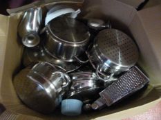 Box of Stainless Steel Kitchen Pans, Sauce Boats,