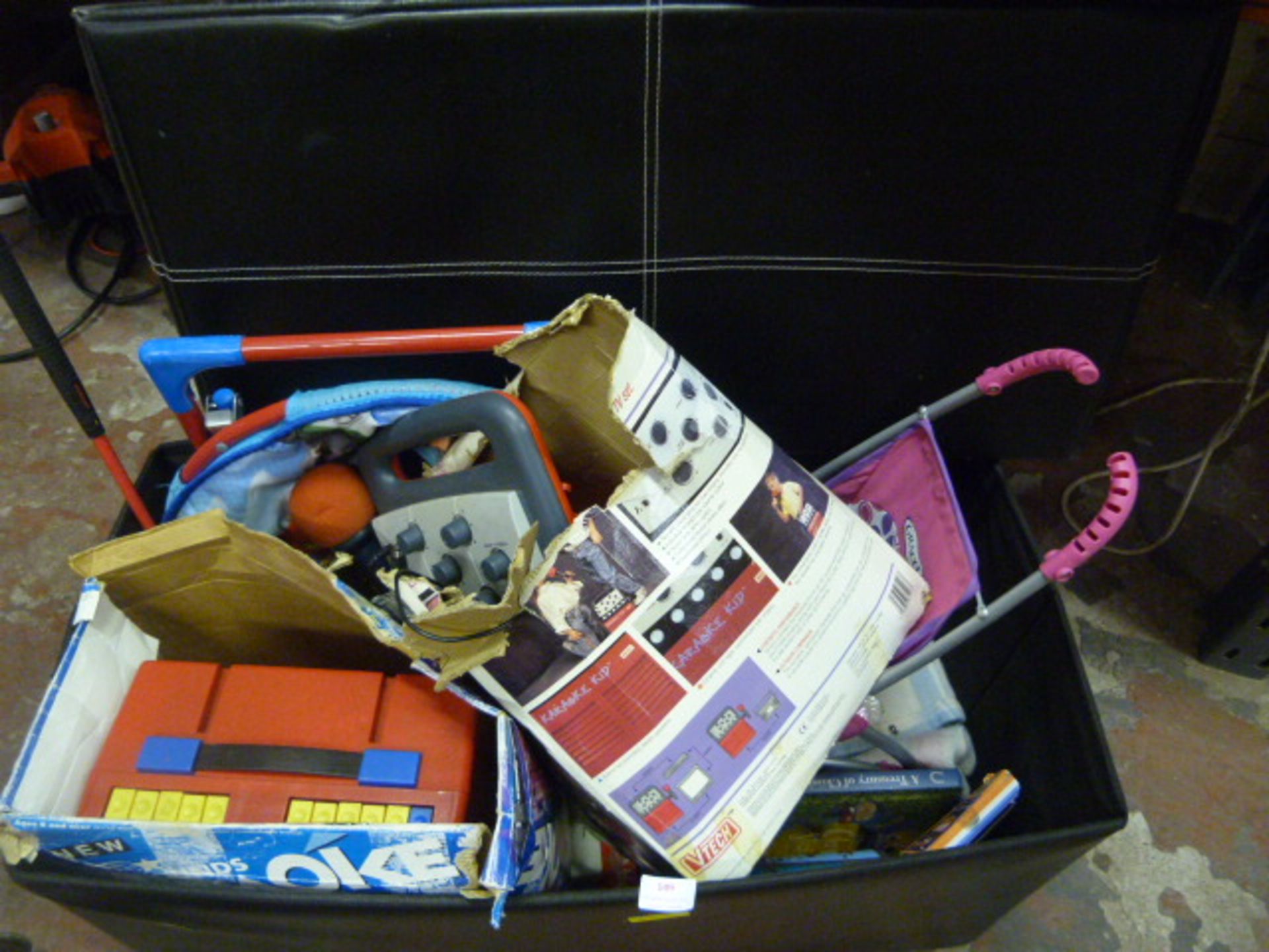 Leatherette Box of Toys; Karaoke, Dolls Pushchair,