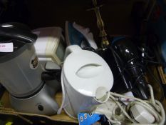 Box of Electrical Items; Lamp, Kettles, Hair Tongs