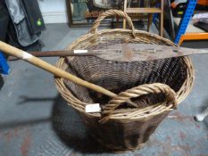 Large Vintage Wooden Basket, Walking Stick, Decora