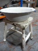 Vintage Wooden Stool and an Enamel Bowl