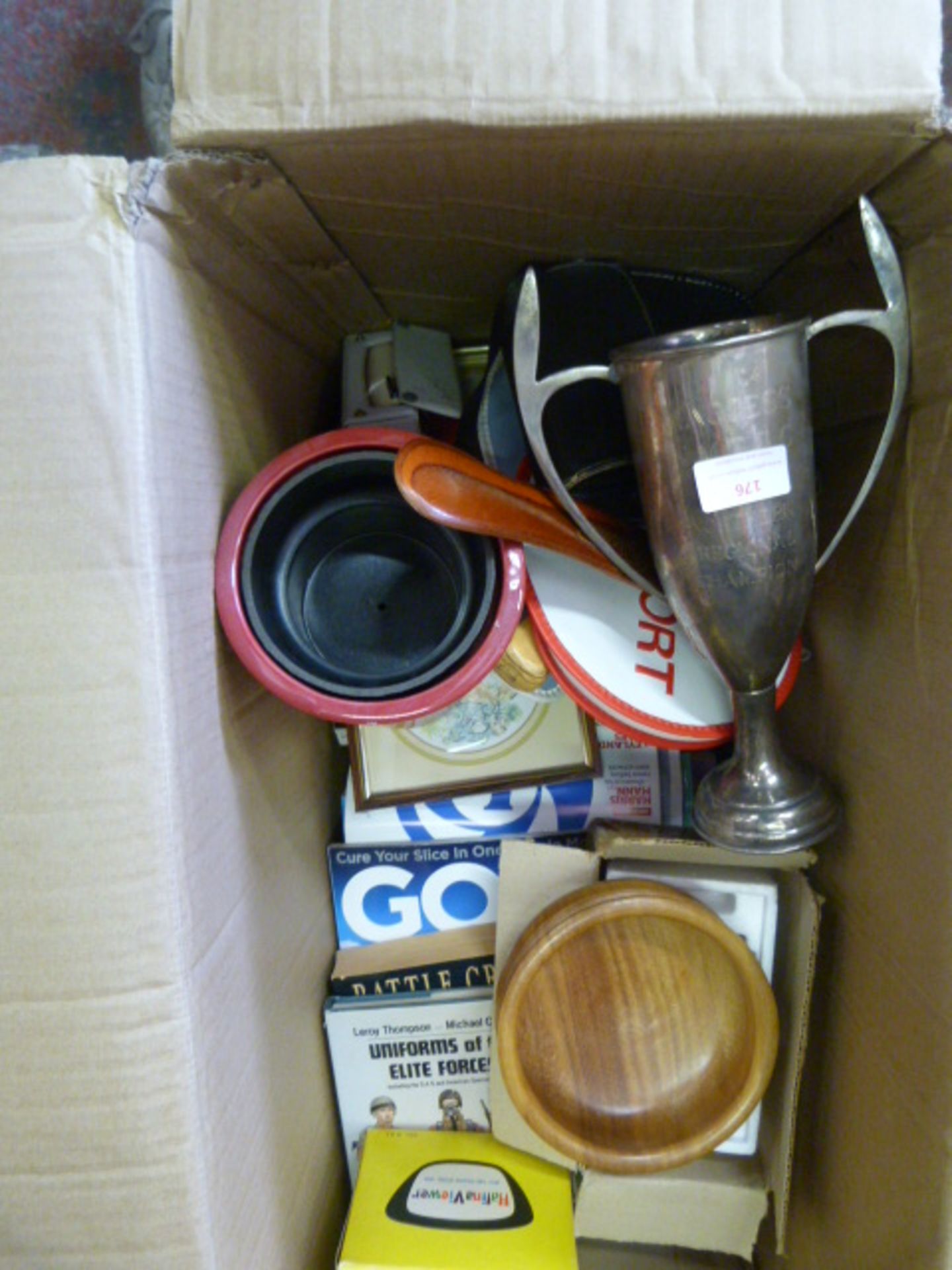 Miscellaneous Box of Books, Silver Plated Trophy,