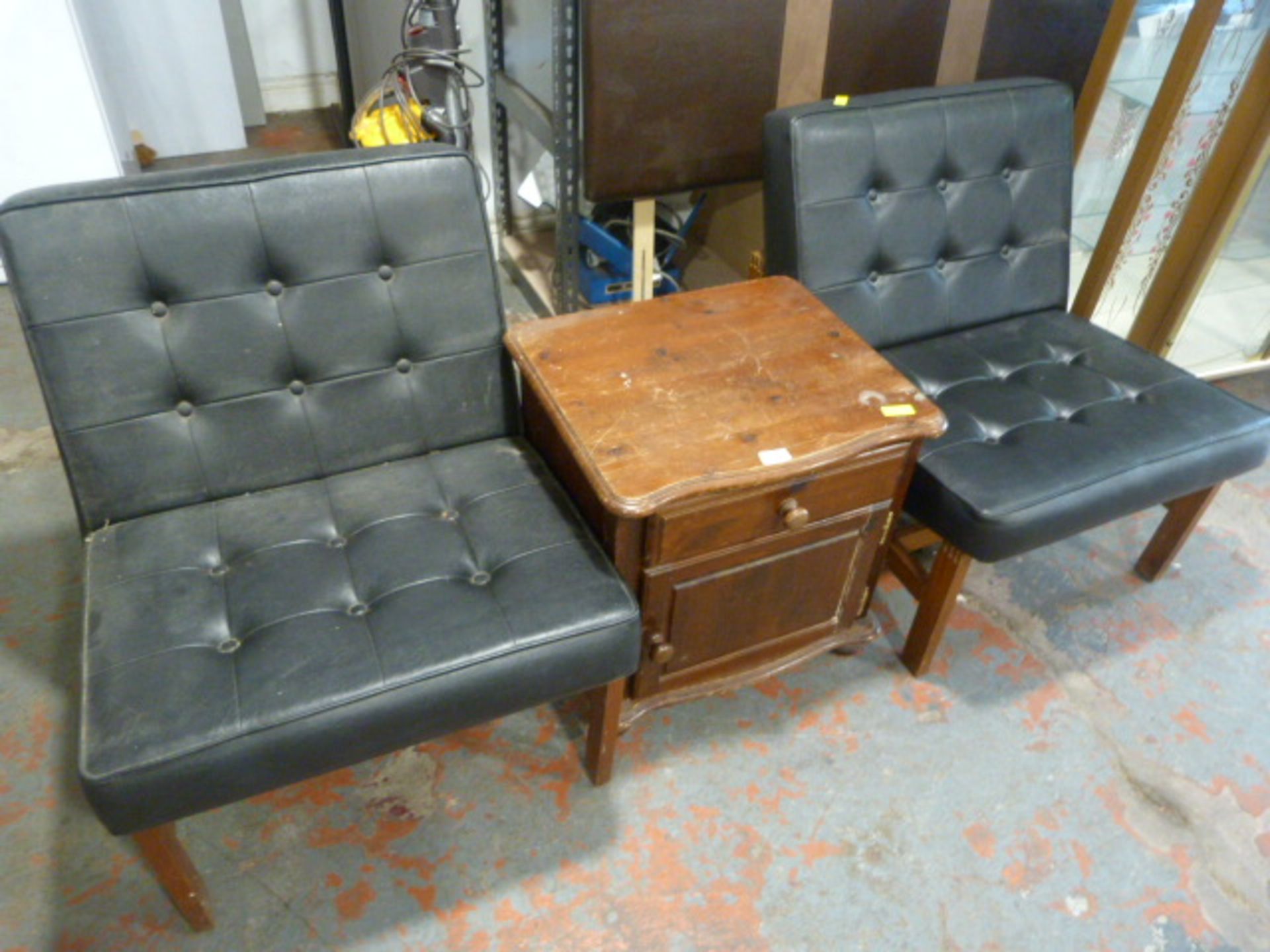Two Black Leatherette Chairs and Cabinet