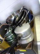 Box of Stainless Steel Kitchenware Including Pans,