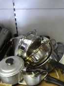 Box of Stainless Steel Kitchenware Including Pans,