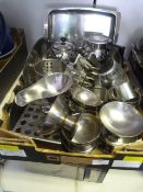 Box of Stainless Steel Kitchenware Including Sauce