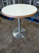 * Single Pedestal Wooden Topped Table 76cm tall, 75cm diameter (No fittings)