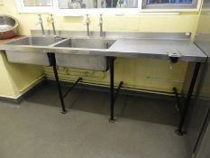 Stainless Steel Commercial Double Sink Unit with High-Level Taps on Steel Base