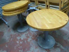 * Five Small Single Pedestal Grey Painted Table with Wooden Tops 65cm diameter 66cm tall (No fitting